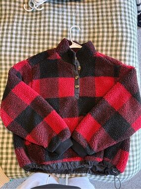 American Eagle Outfitters Red & Black Buffalo Check Sherpa Pullover
